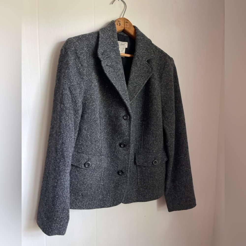 LL Bean Grey Herringbone Tweed Wool Silk Blazer Riding Jacket Heritage Classic